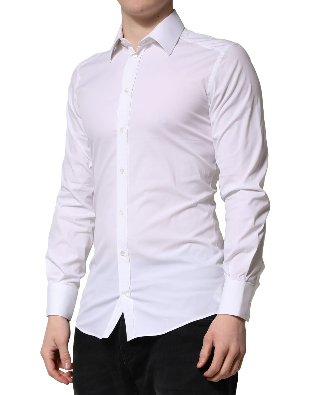 Chemise homme blanche Dolce & Gabbana à manches longues, style formel avec détails dorés élégants.