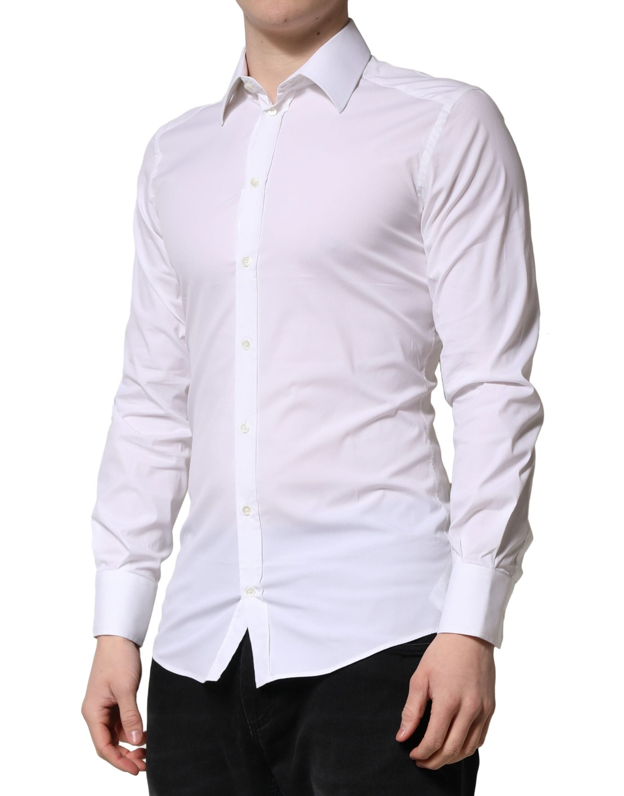 Chemise homme blanche Dolce & Gabbana à manches longues, style formel avec détails dorés élégants.