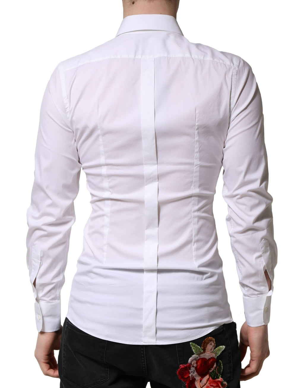 Chemise formelle blanche à manches longues Dolce & Gabbana pour homme avec détails dorés élégants.