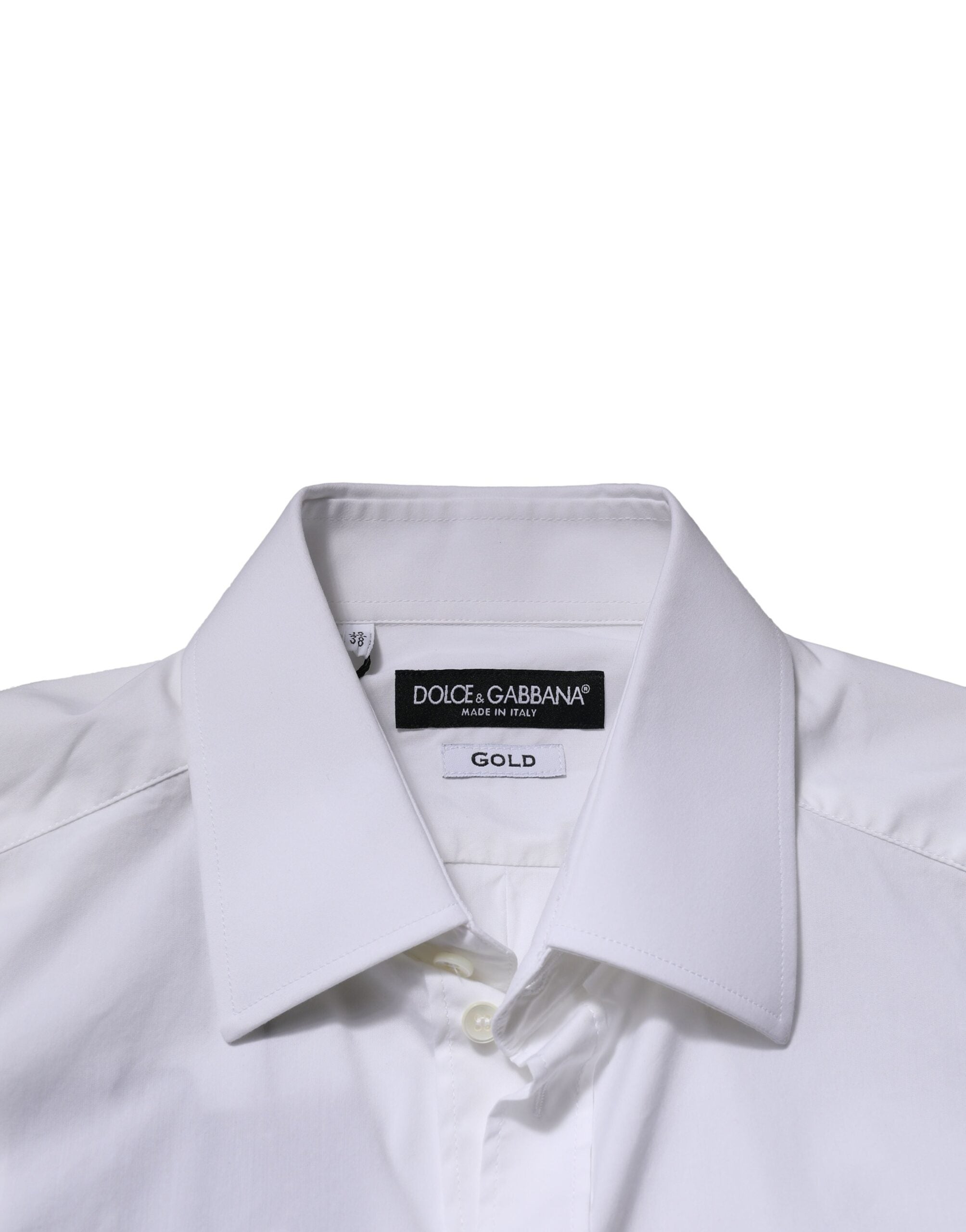 Chemise formelle blanche à manches longues Dolce & Gabbana pour homme avec détails dorés élégants.