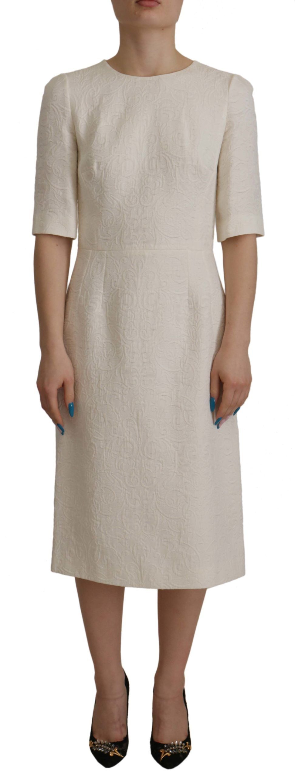 Robe midi en jacquard floral blanc de Dolce & Gabbana, coupe droite et brocart élégant, pour un style sophistiqué.