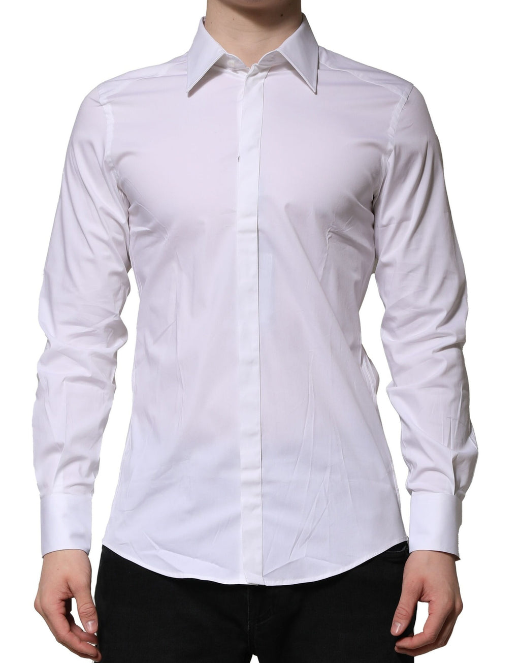 Chemise blanche à manches longues Dolce & Gabbana MARTINI, vêtement formel élégante, détails de tissu et coupe sophistiquée visible.