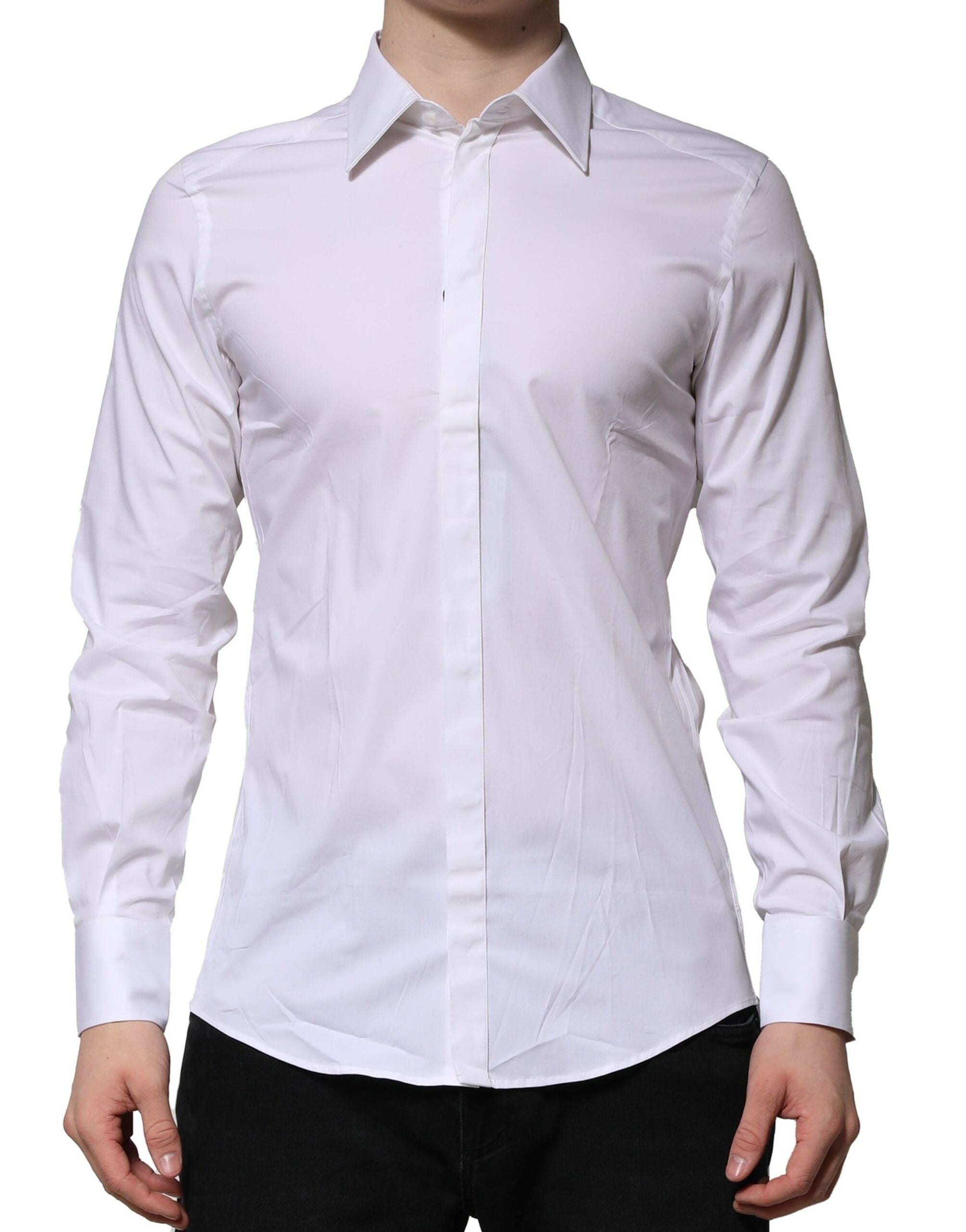Chemise blanche à manches longues Dolce & Gabbana MARTINI, vêtement formel élégante, détails de tissu et coupe sophistiquée visible.