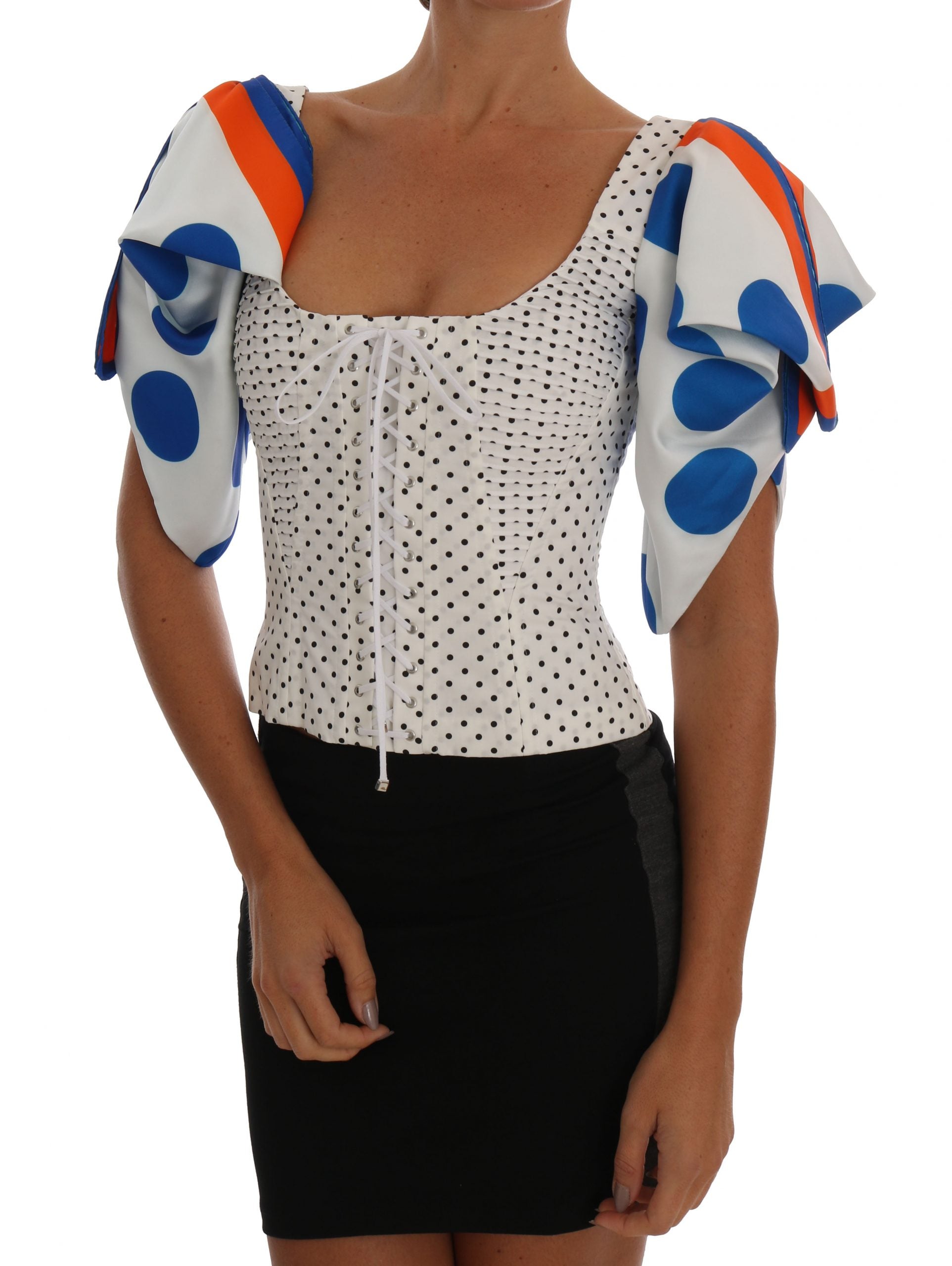 Corset bustier en soie blanche à pois Dolce & Gabbana, ajusté, avec détails élégants, parfait pour une tenue sophistiquée.