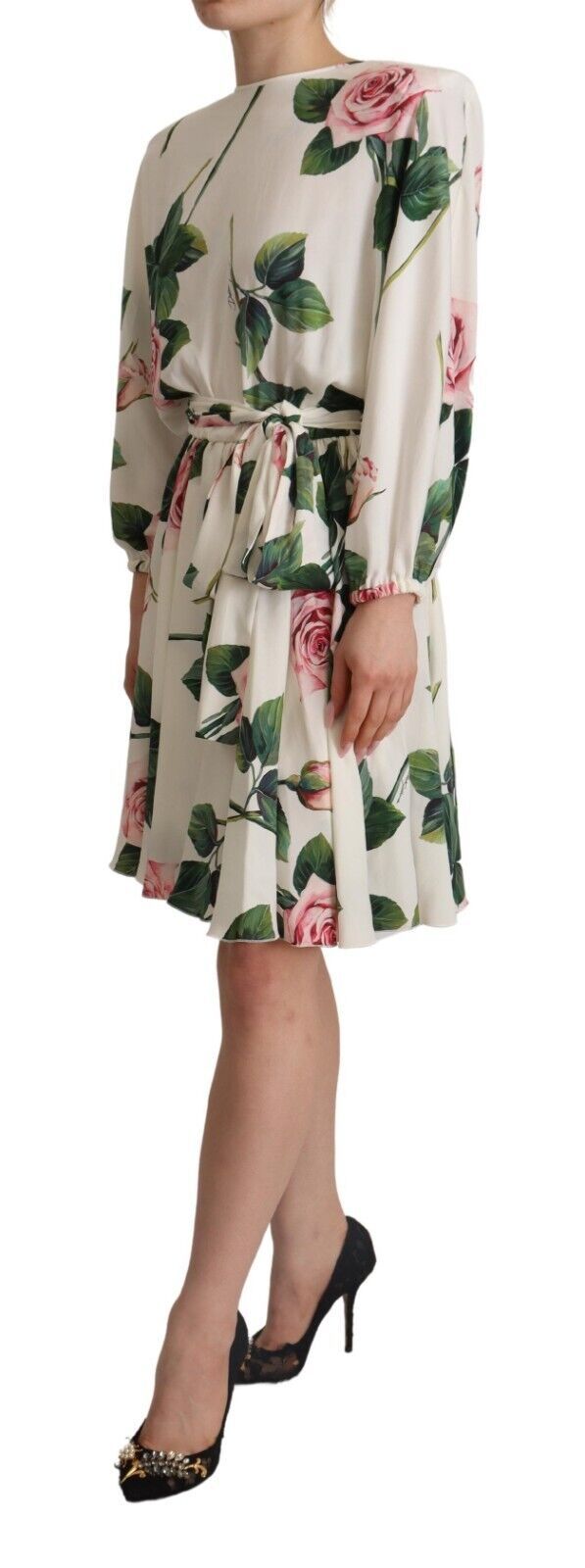 Robe longue Dolce & Gabbana à manches longues avec imprimé de roses blanches et coupe en ligne A.
