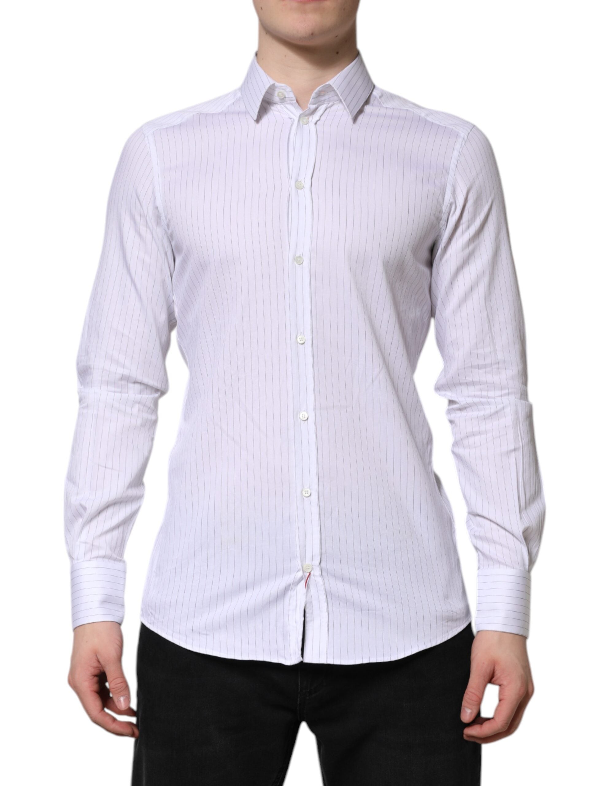 Chemise blanche à rayures en coton à manches longues de la marque Dolce & Gabbana, vue de face.