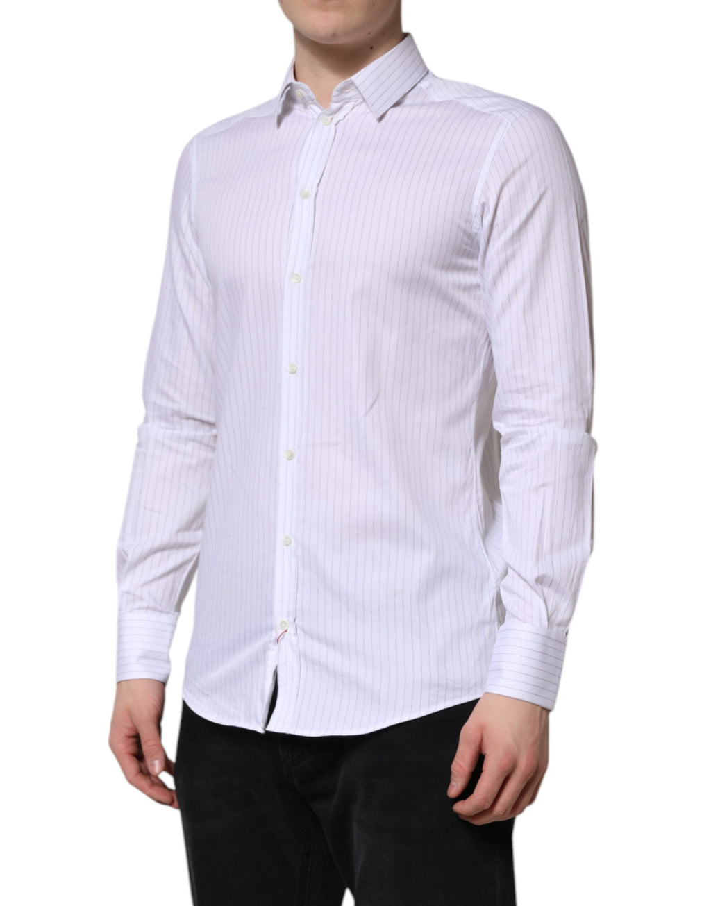 Chemise formelle blanche à rayures en coton de Dolce & Gabbana, manches longues, élégante et classique pour homme.