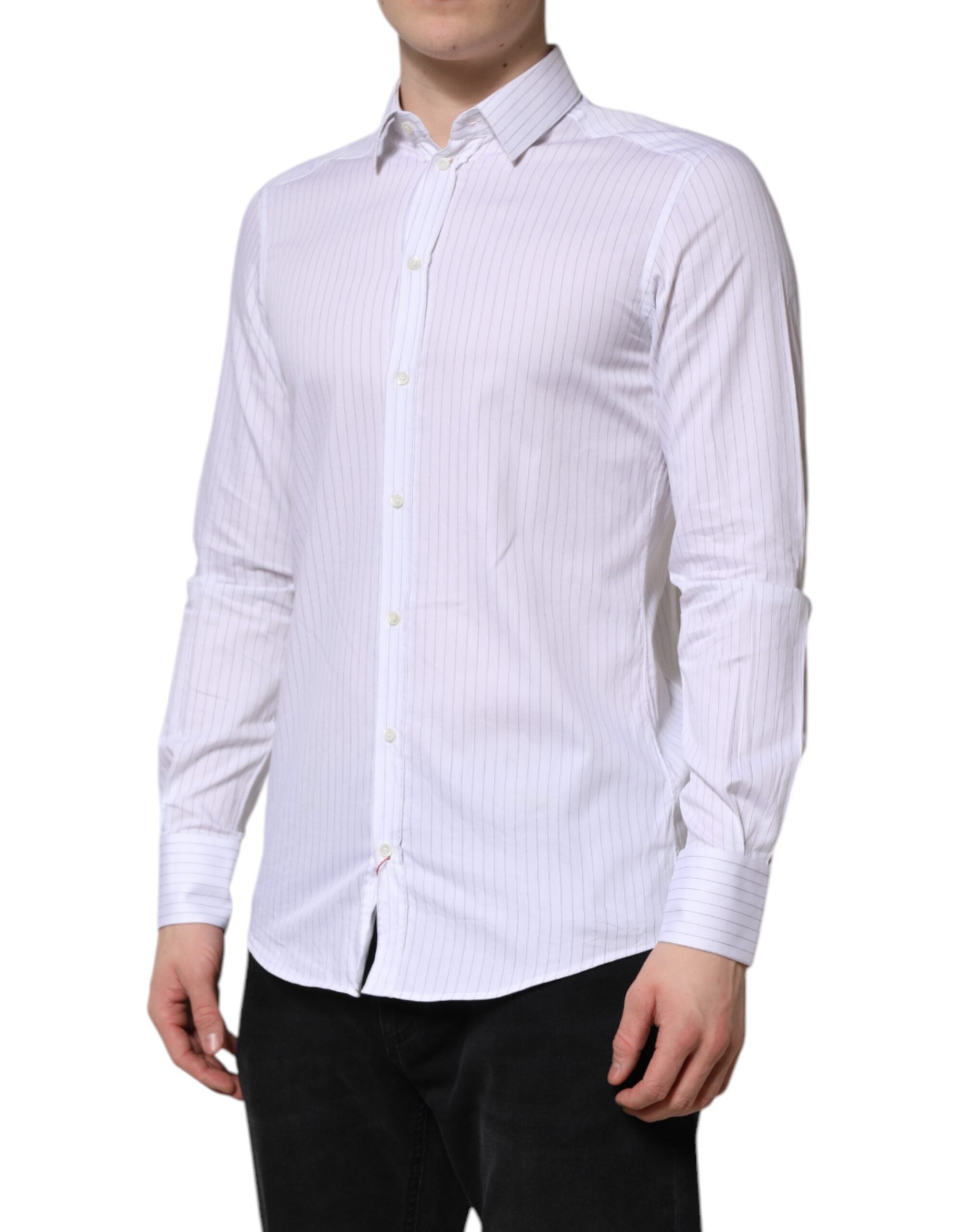 Chemise formelle blanche à rayures en coton de Dolce & Gabbana, manches longues, élégante et classique pour homme.