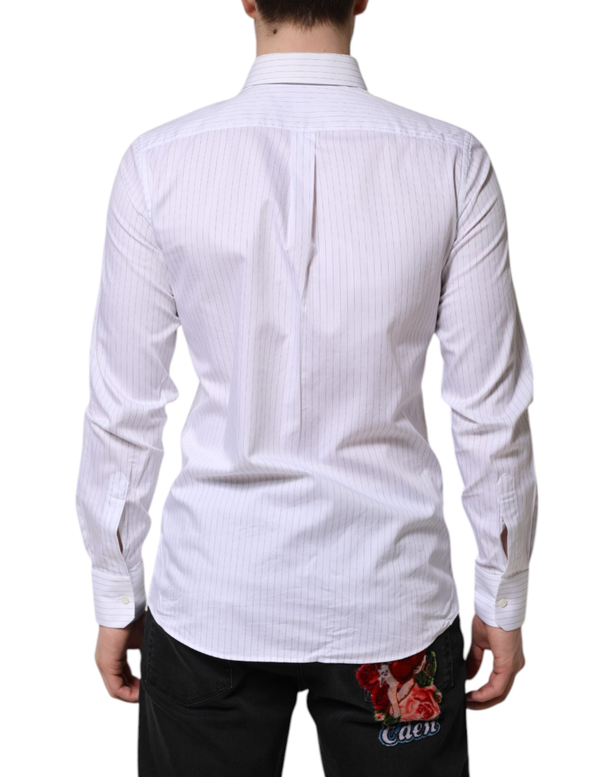 Chemise formelle blanche à rayures en coton de Dolce & Gabbana, manches longues, style élégant et sophistiqué.