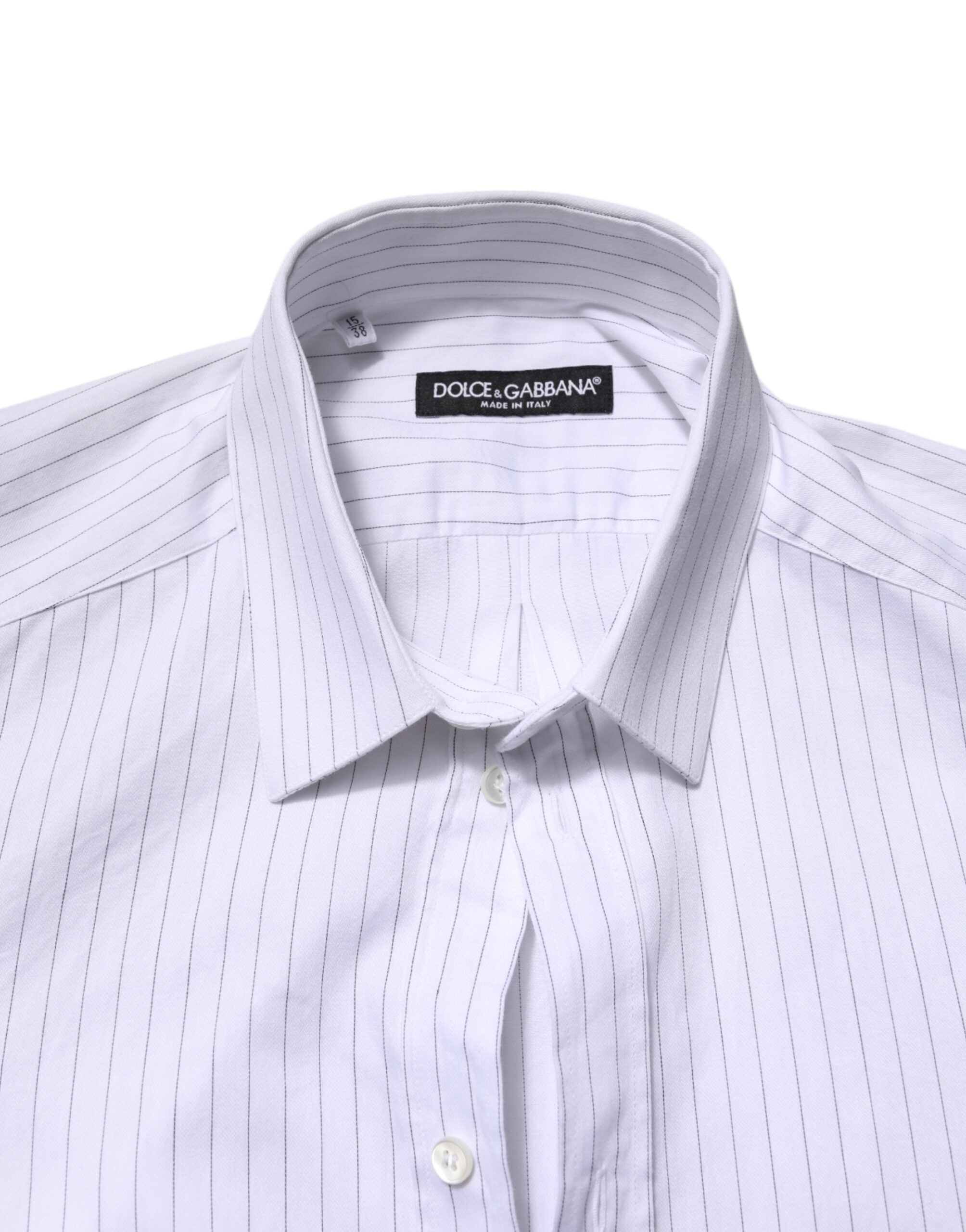 Chemise formelle blanche à rayures en coton Dolce & Gabbana, manches longues et style élégant.