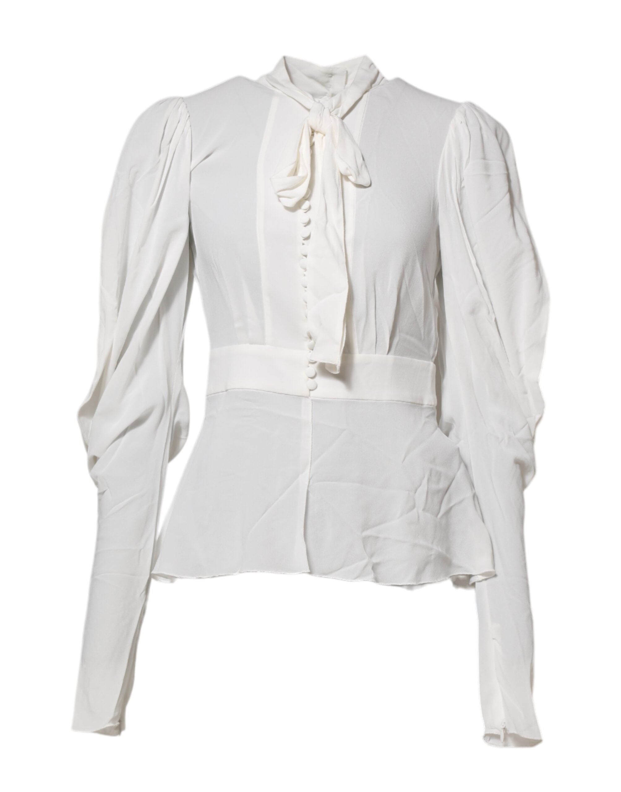 Haut blanc en viscose avec col ascot et manches longues de Dolce & Gabbana, élégance sophistiquée.