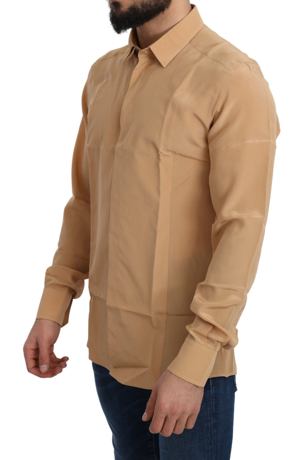 Chemise slim en soie jaune 100% de Dolce & Gabbana, haut élégant avec finition dorée.