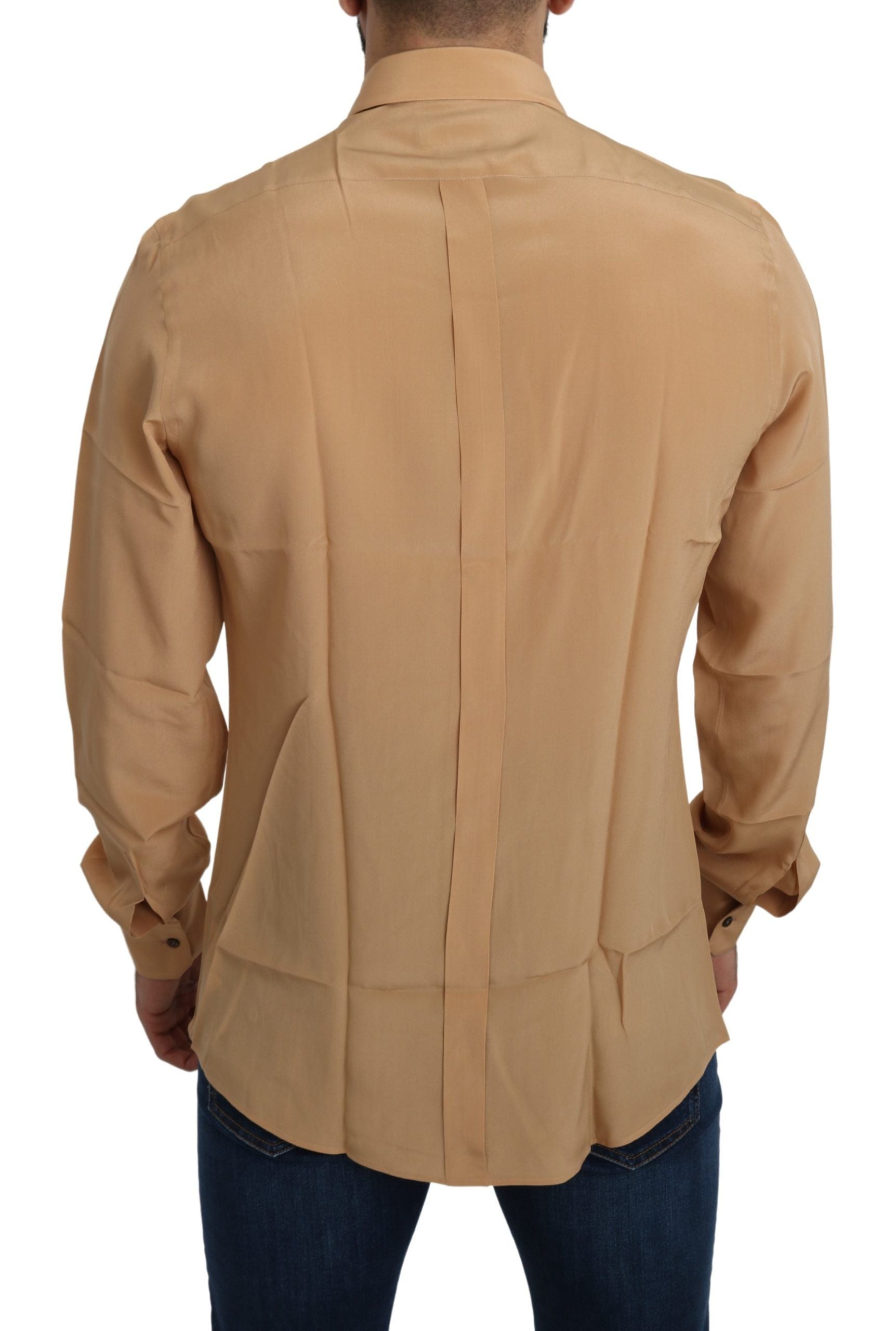 Chemise slim Dolce & Gabbana en soie jaune 100% avec détails en or, élégante et sophistiquée, vue de face.
