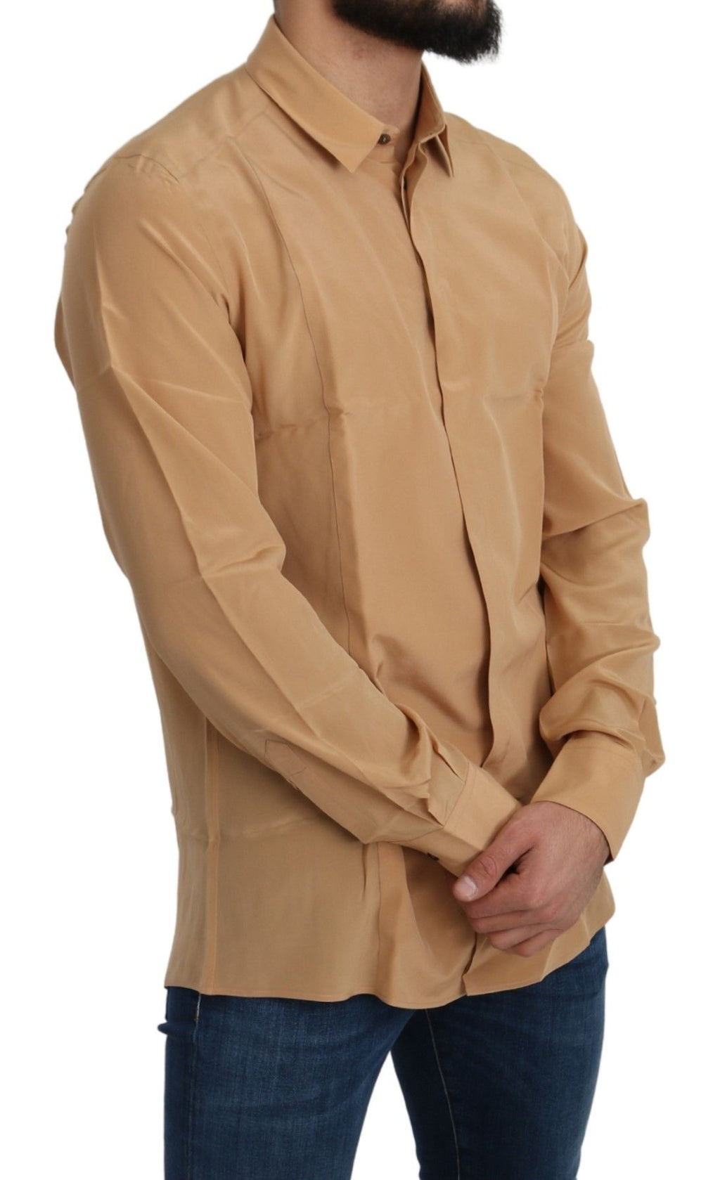 Chemise slim en soie jaune Dolce & Gabbana avec détails dorés, vue de face, élégante et raffinée.