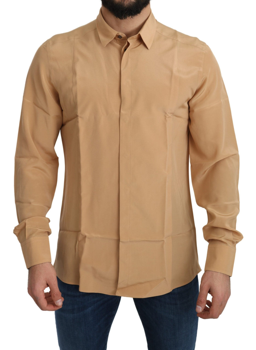 Chemise slim en soie jaune Dolce & Gabbana avec détails en or, vue de face montrant le col et la coupe élégante.