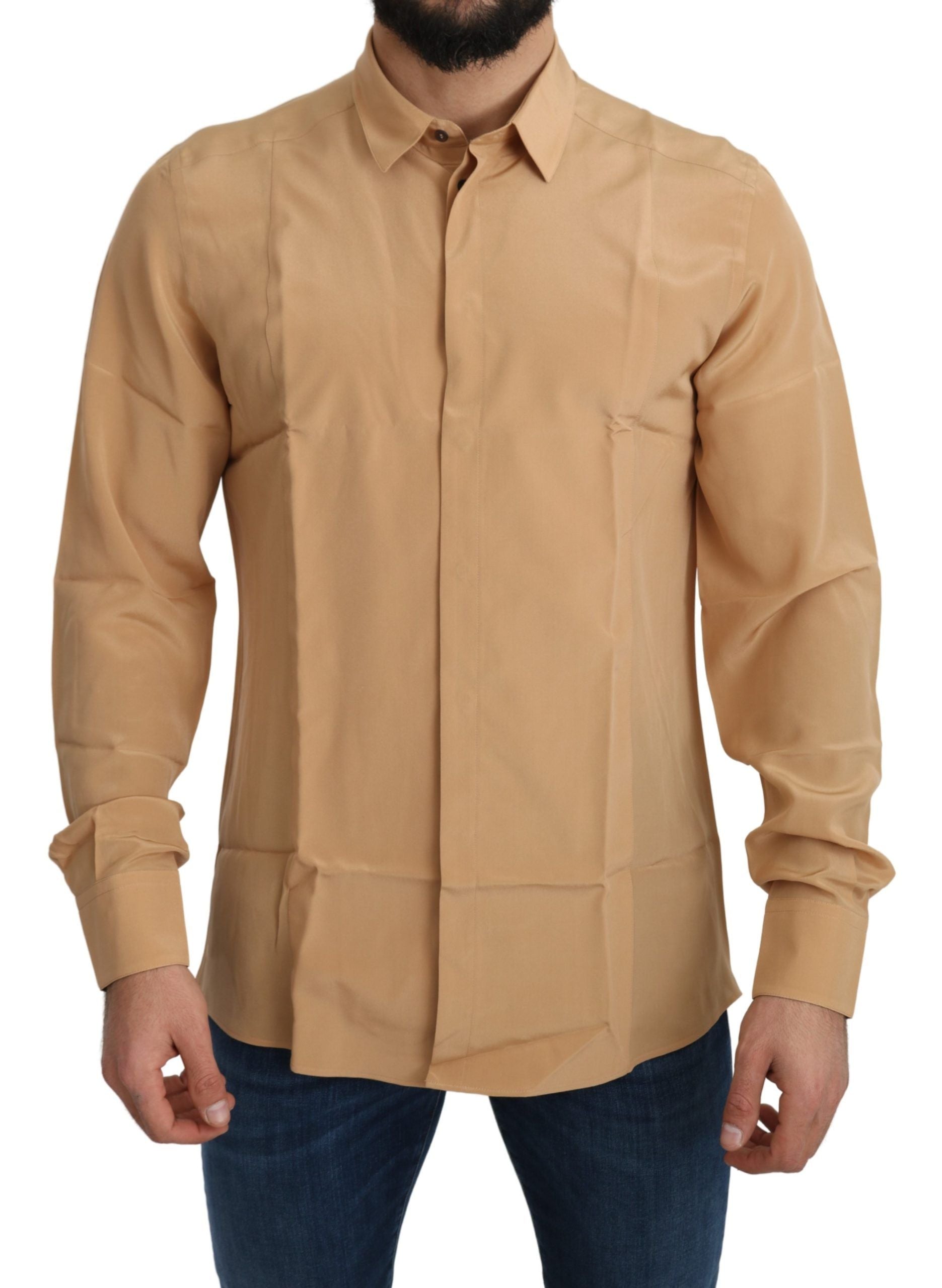 Chemise slim en soie jaune Dolce & Gabbana avec détails en or, vue de face montrant le col et la coupe élégante.