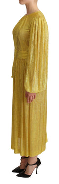 Robe longue plissée en mesh avec cristaux jaunes de Dolce & Gabbana, élégante et sophistiquée.