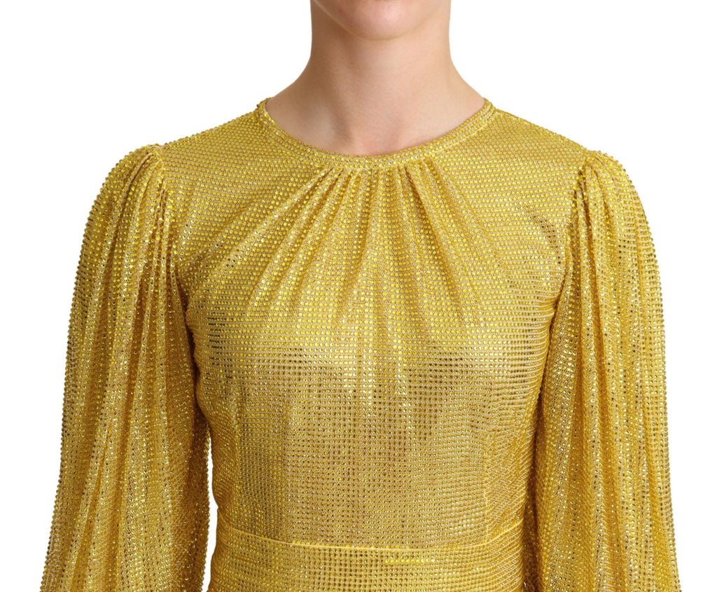 Robe maxi plissée jaune en mesh avec cristaux, Dolce & Gabbana, élégante et sophistiquée.
