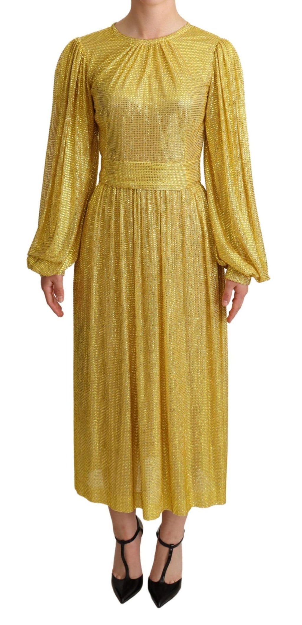 Robe longue plissée en mesh jaune avec cristaux, design Dolce & Gabbana, élégante et sophistiquée.
