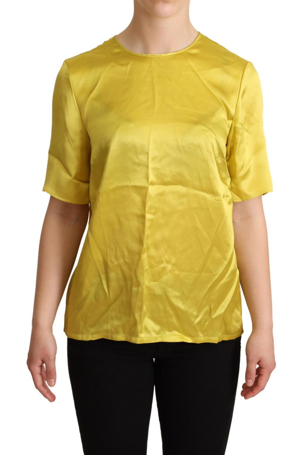Chemisier Dolce & Gabbana en soie jaune à manches courtes, blouse élégante en tissu fluide.