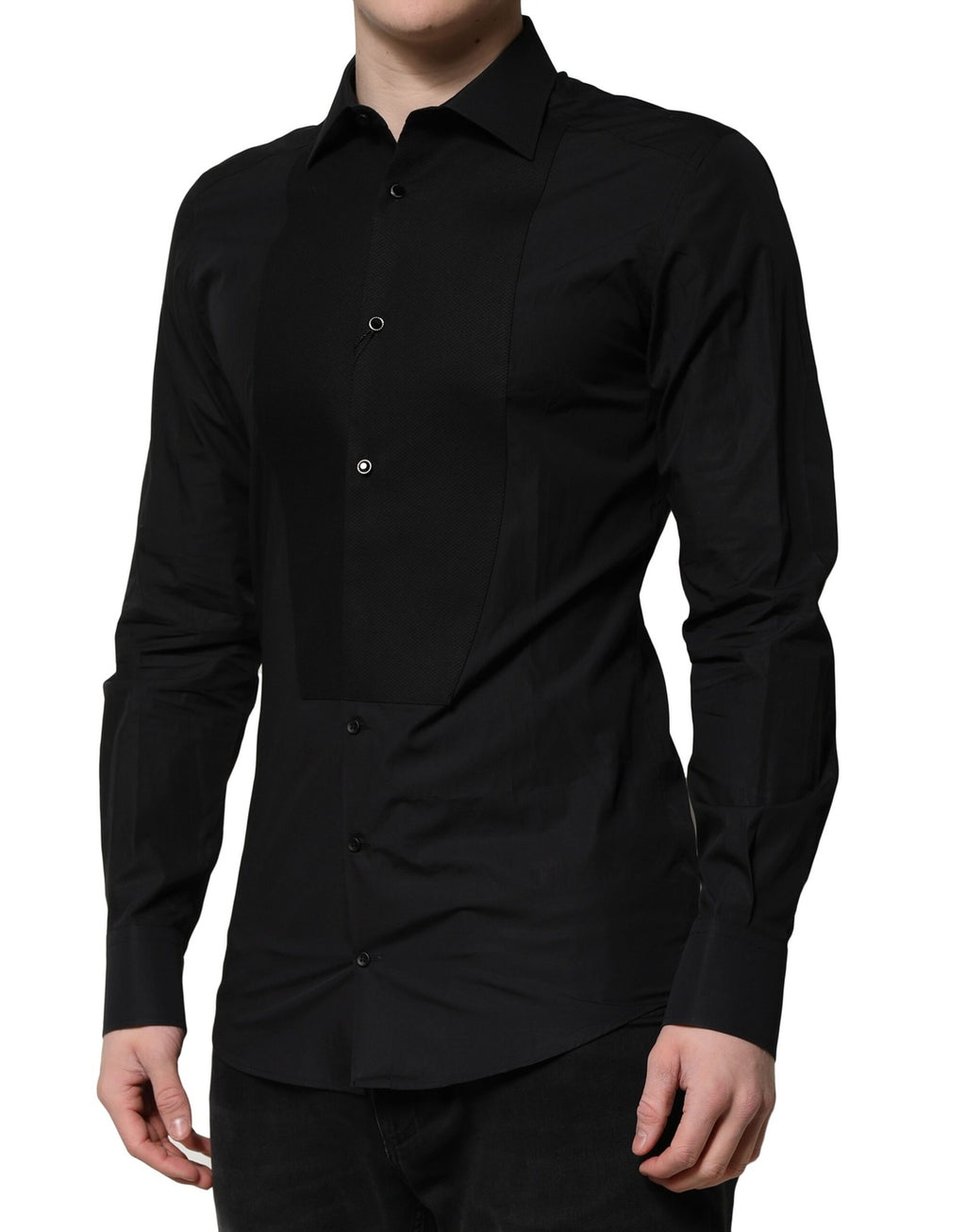 Chemise longue noire Dolce & Gabbana avec manches longues et détails dorés pour une tenue formelle élégante