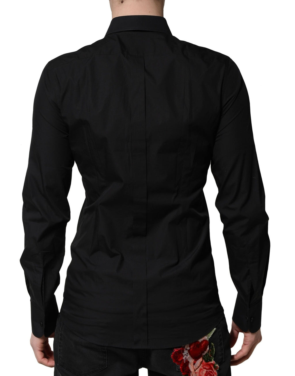 Chemise longue noire Dolce & Gabbana avec manches longues et détails dorés pour une tenue formelle élégante.