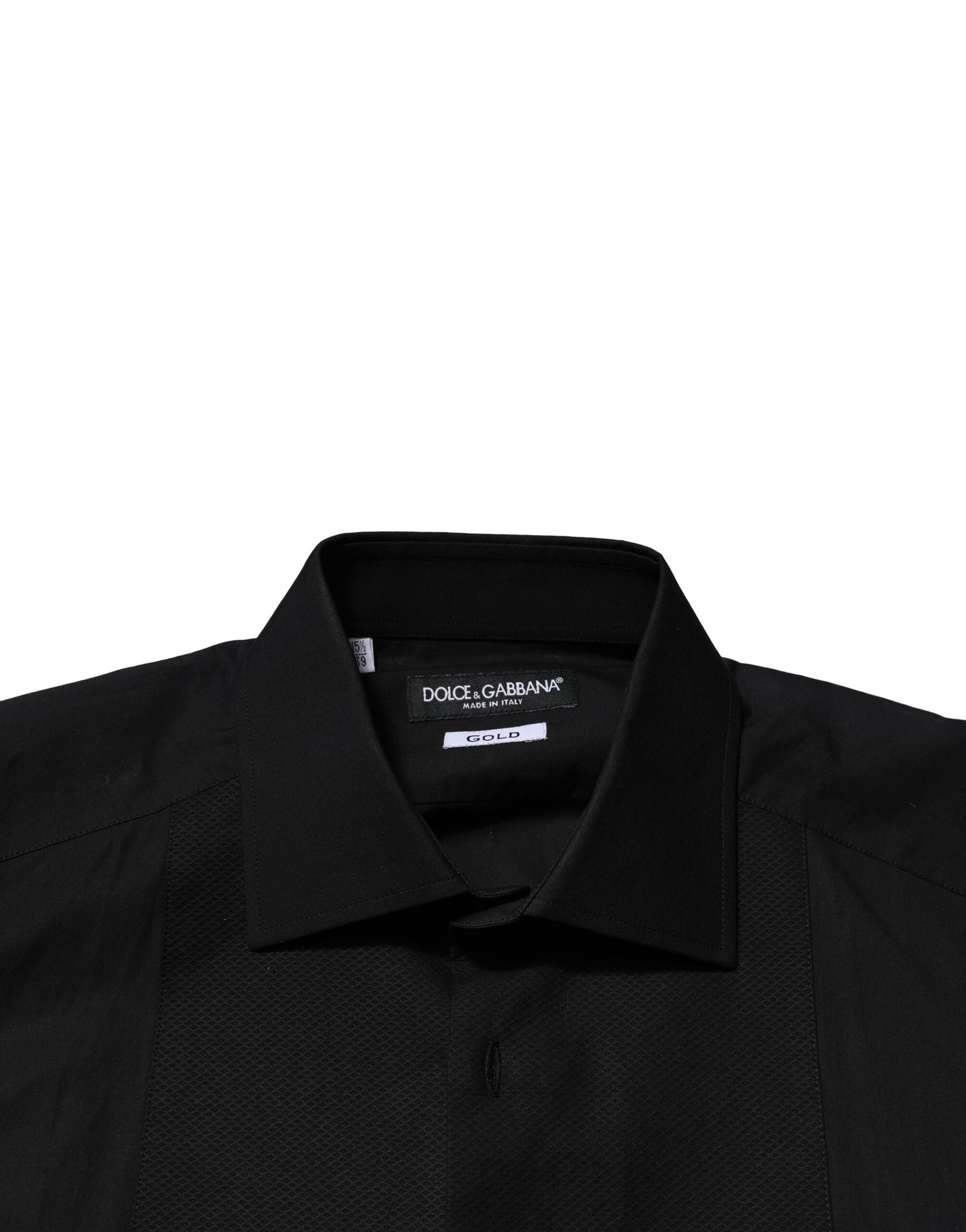 Chemise formelle Dolce & Gabbana noire avec manches longues et détails dorés, élégante et sophistiquée.