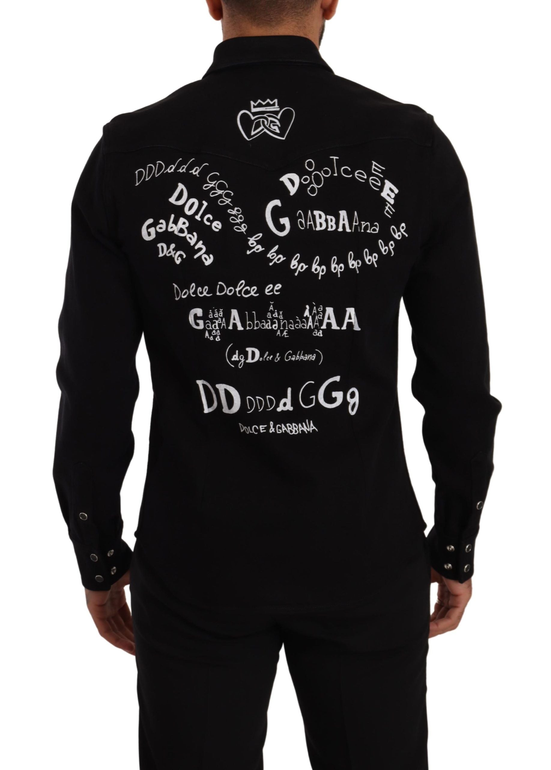 Chemise en jean noir Dolce & Gabbana slim en coton extensible, détail élégant et coupe ajustée.