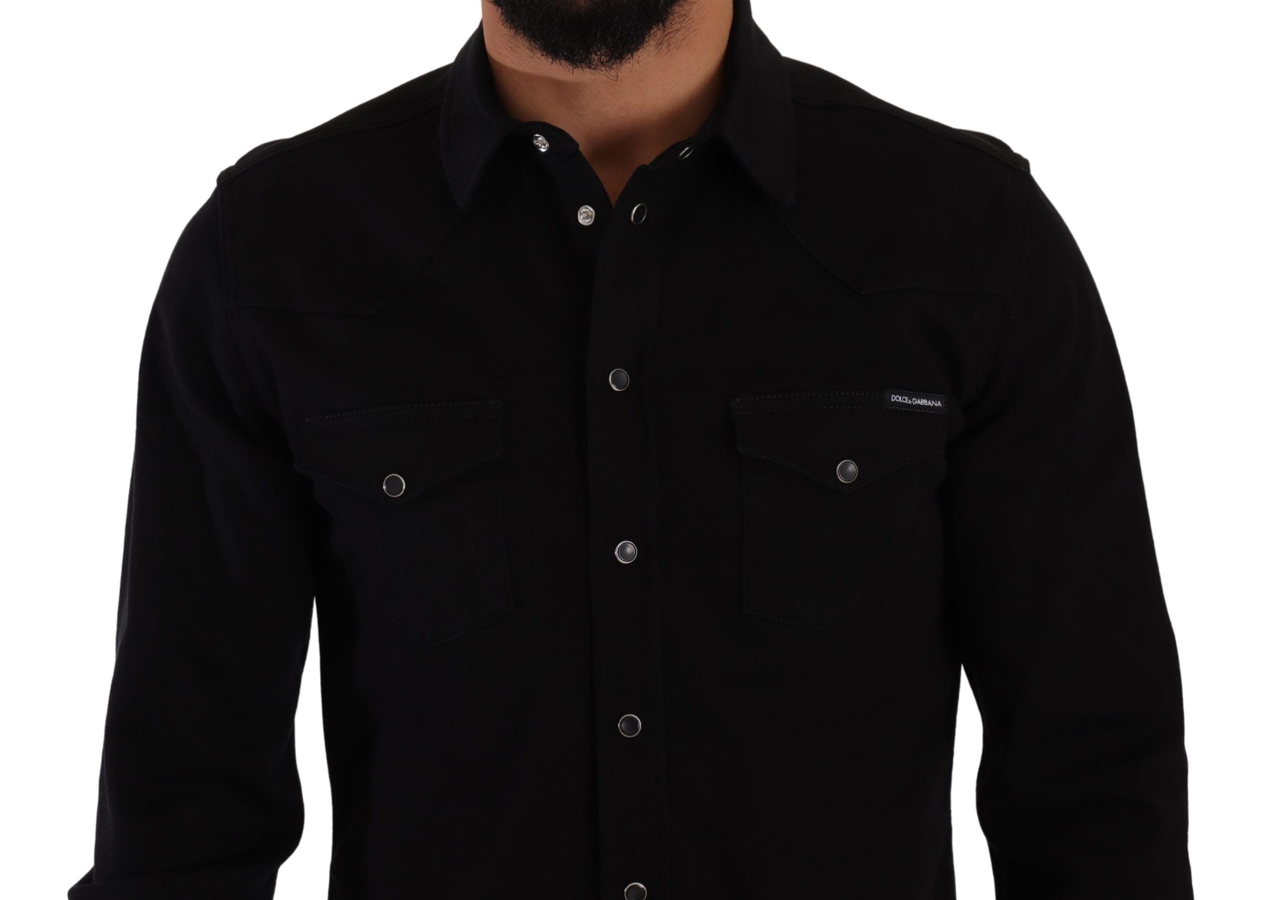 Chemise slim en coton stretch noir de Dolce & Gabbana avec détails en denim pour homme.