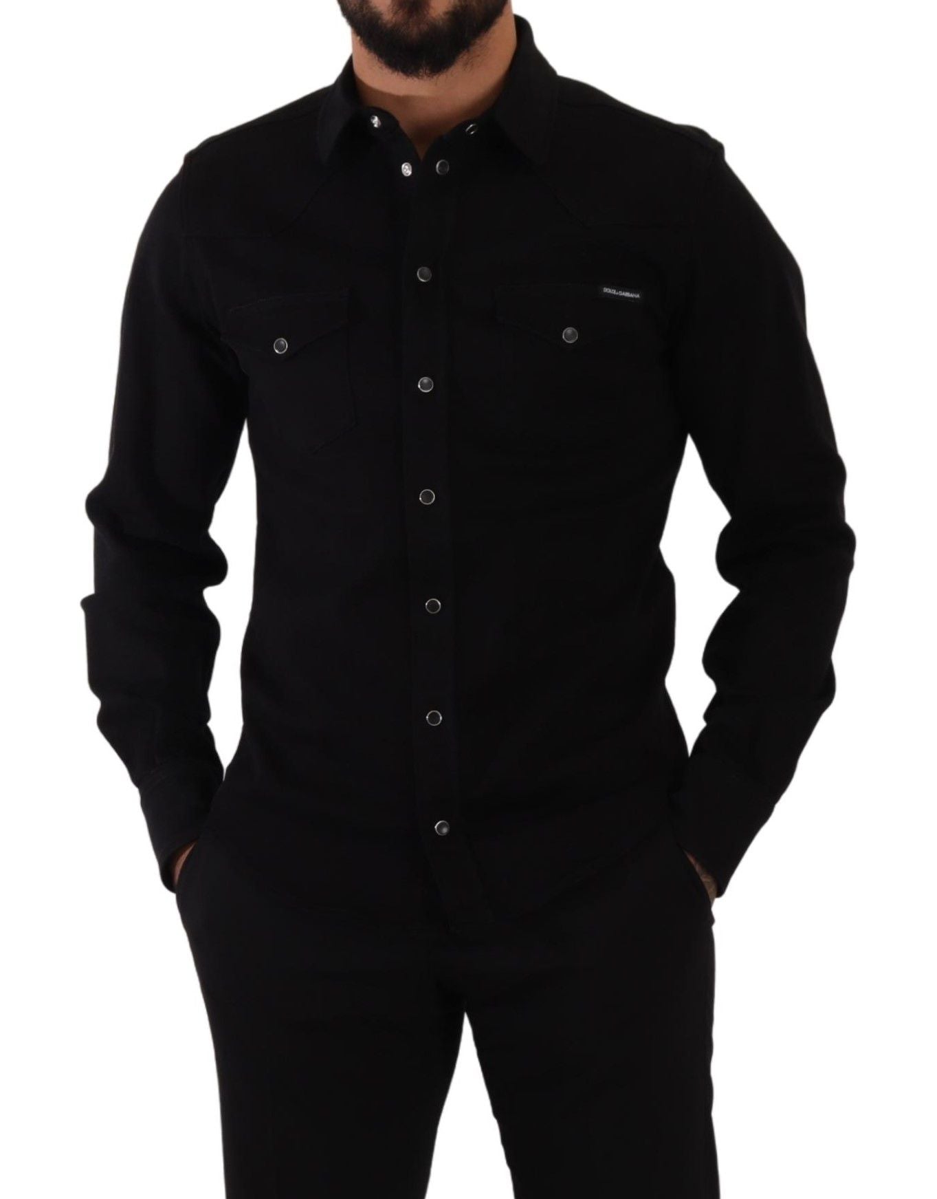Chemise slim en coton denim stretch noir de Dolce & Gabbana, coupe ajustée et style élégant visible sur l’image.