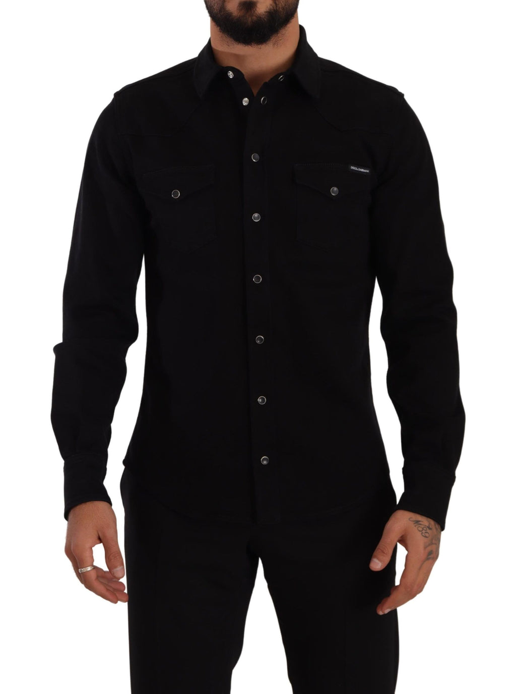 Chemise slim en denim coton stretch noir Dolce & Gabbana, détails modernes, col classique, ajustement élégant.