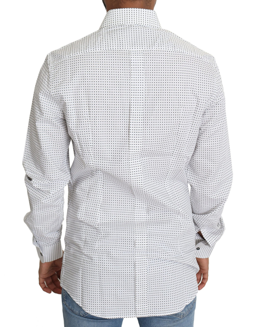 Chemise Dolce & Gabbana à pois noirs et blancs, habillée, en coton, avec col classique et manches longues.