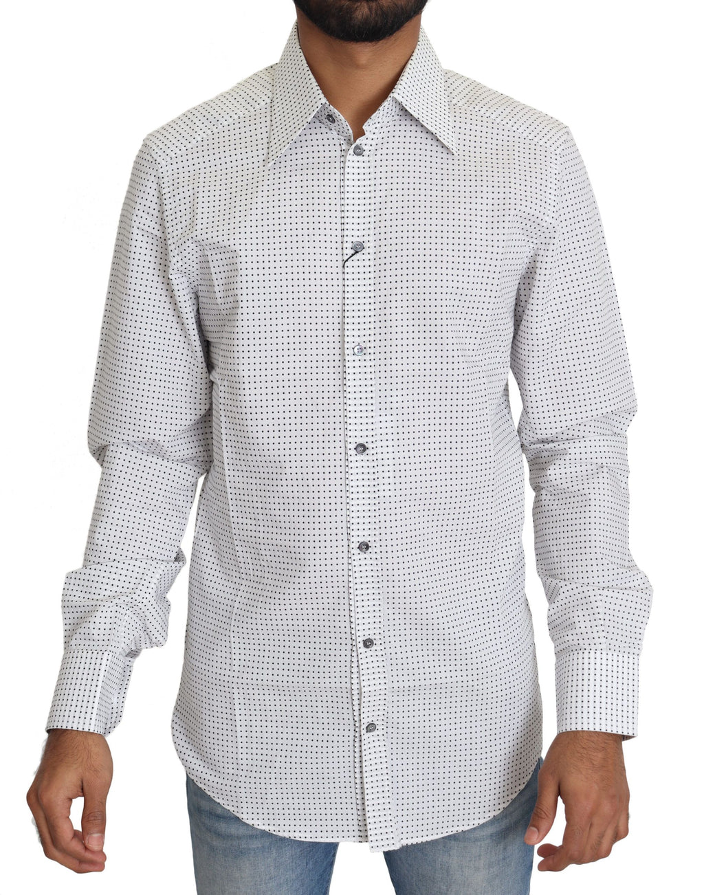 Chemise à pois noirs et blancs Dolce & Gabbana, style élégant avec col classique et manches longues, vue de face.