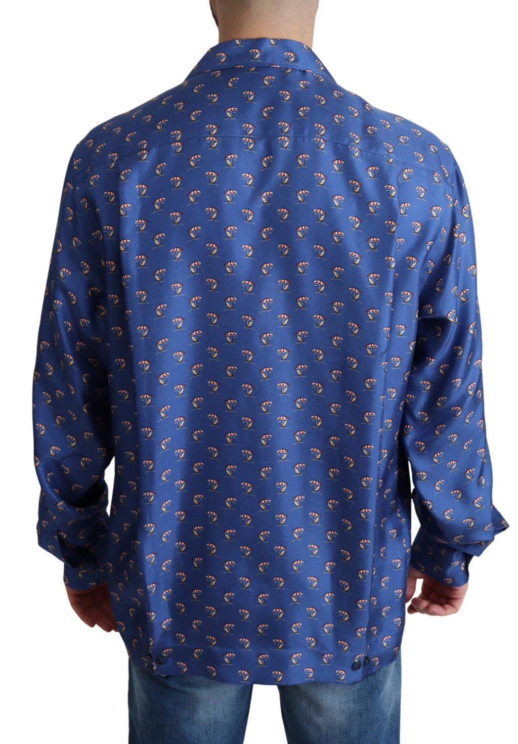 Chemise en soie à imprimé parasol et plage de Dolce & Gabbana, style élégant et décontracté, bleu et blanc.