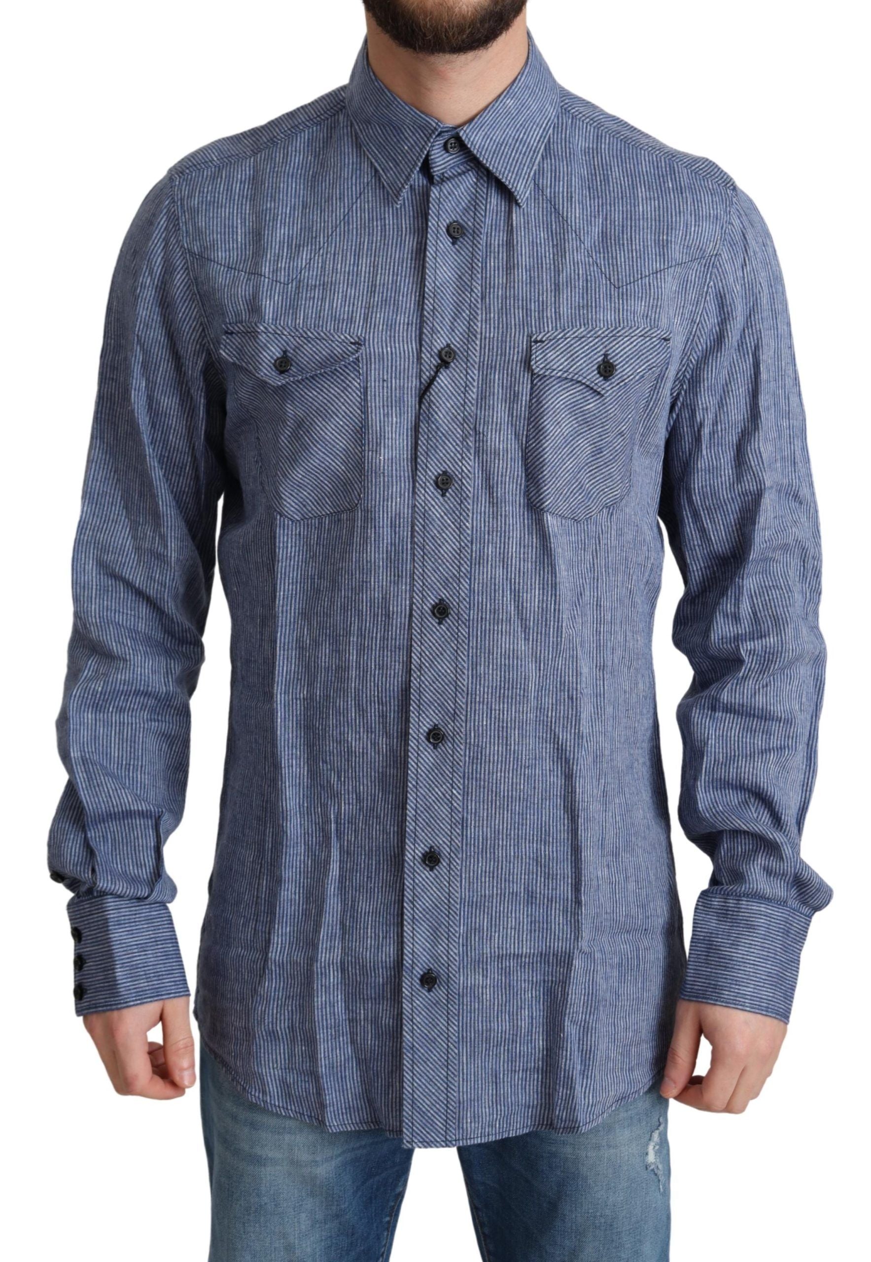 Chemise à manches longues Dolce & Gabbana à rayures bleues pour homme, chemise décontractée avec boutons.