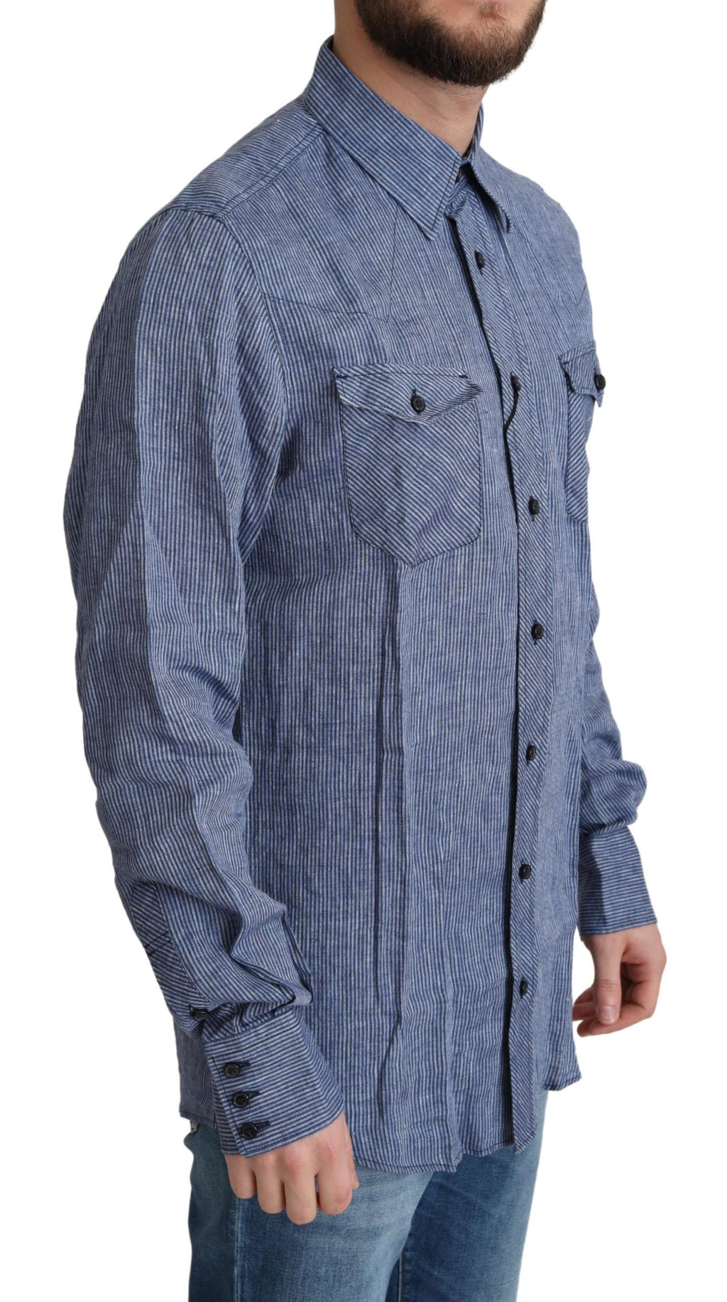 Chemise décontractée pour homme Dolce & Gabbana à rayures bleues, boutonnière, style élégant et confortable.