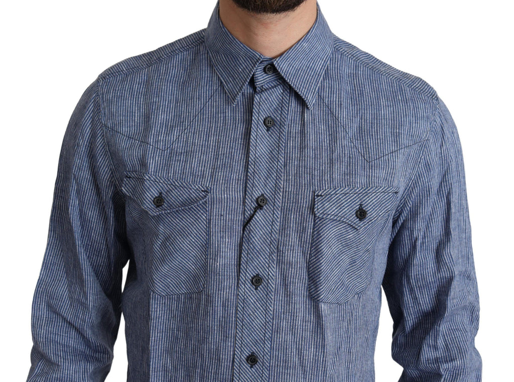 Chemise homme à rayures bleues Dolce & Gabbana, boutonnière décontractée en coton.