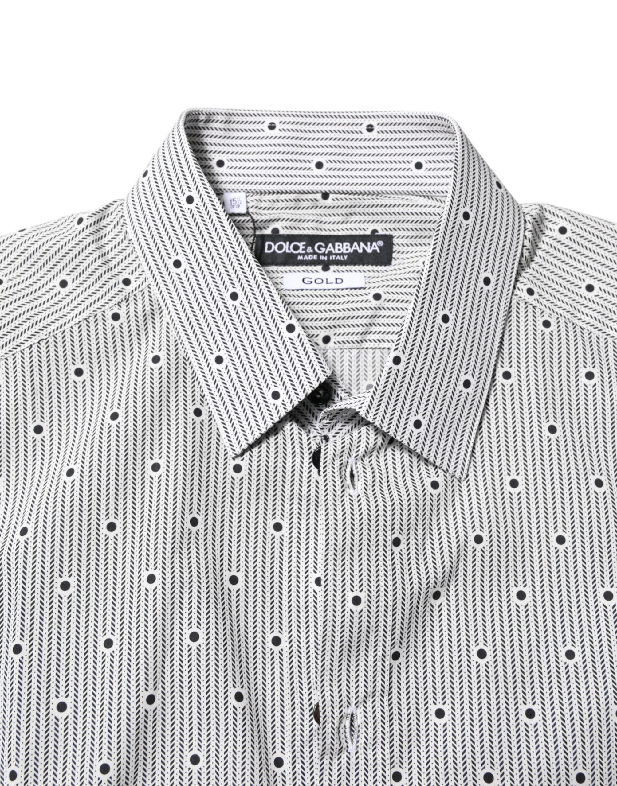 Chemise formelle gris à pois semi-ajustée pour homme Dolce & Gabbana, détails dorés élégants.