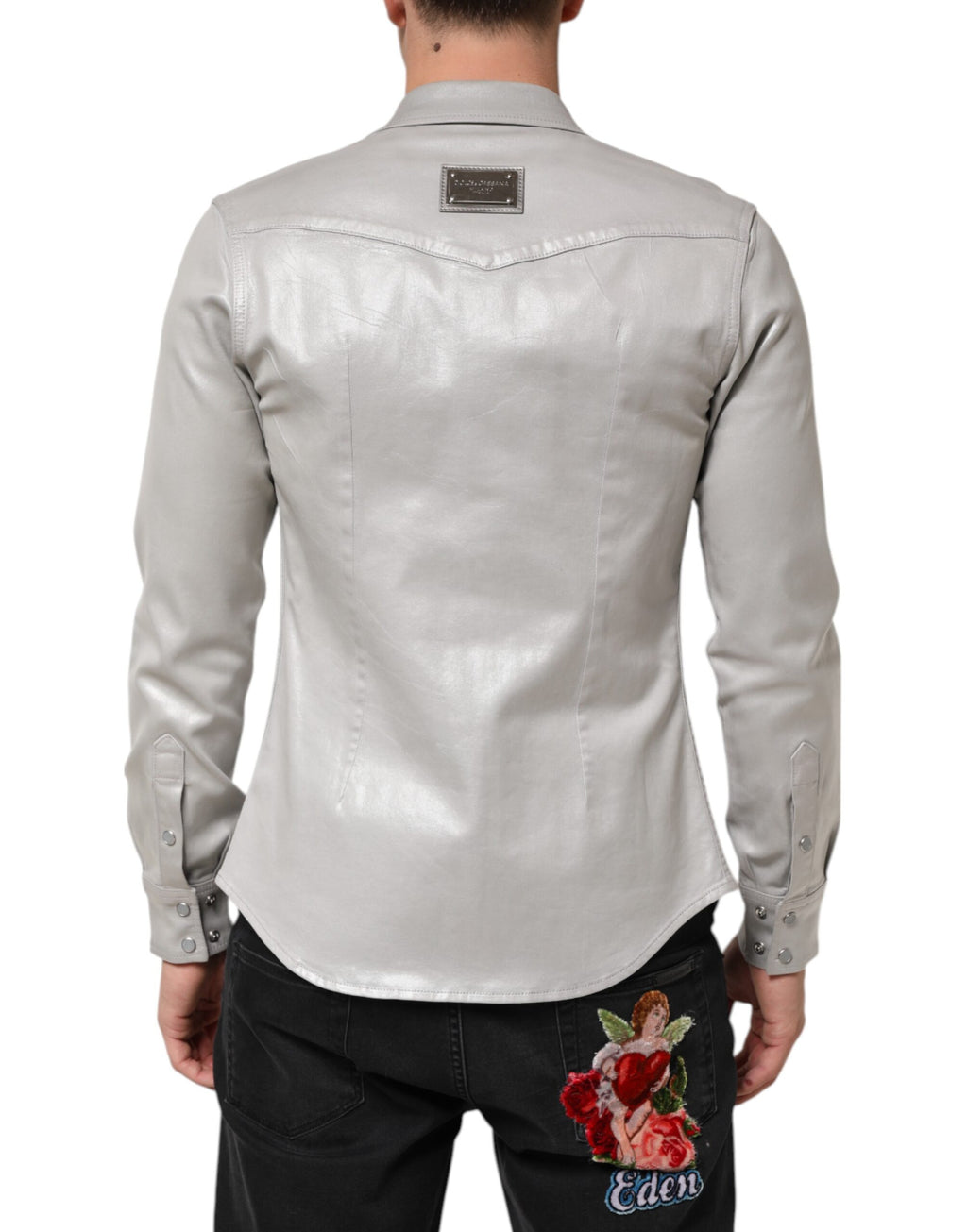 Chemise pour homme Dolce & Gabbana en coton gris métallisé avec boutons, style élégant et moderne.