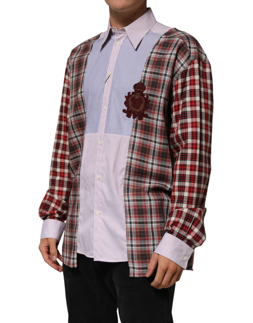 Chemise à carreaux multicolores en coton de Dolce & Gabbana avec col, vue de face sur un mannequin.