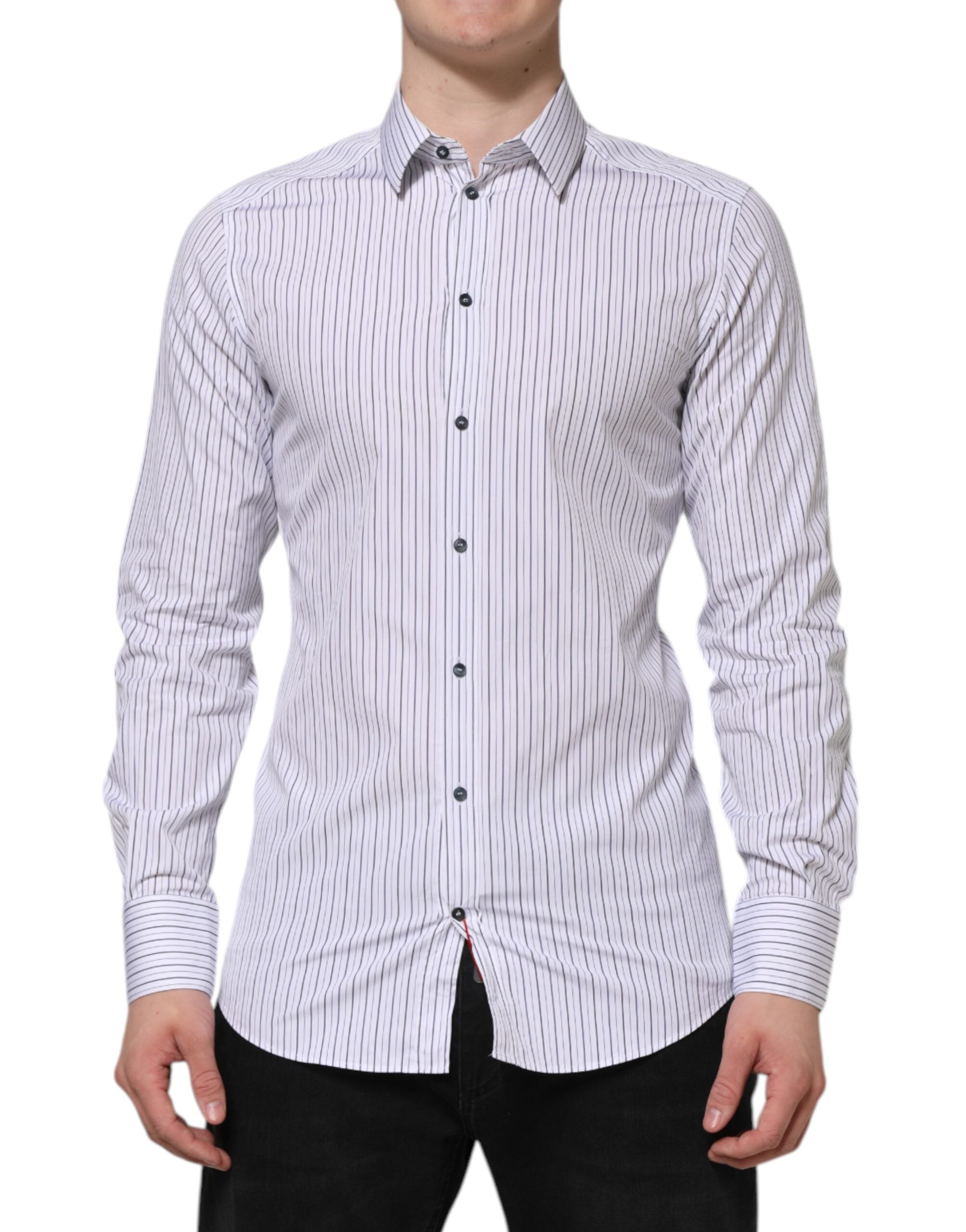Chemise formelle en coton blanc et bleu à rayures avec détails dorés par Dolce & Gabbana, vue de face.