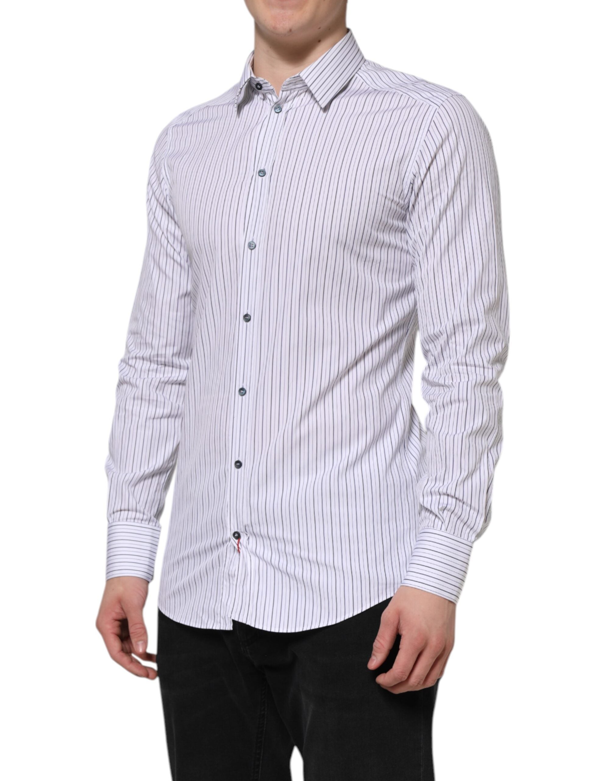 Chemise formelle blanche et bleue à rayures en coton Dolce & Gabbana, détails or élégants, pour homme.