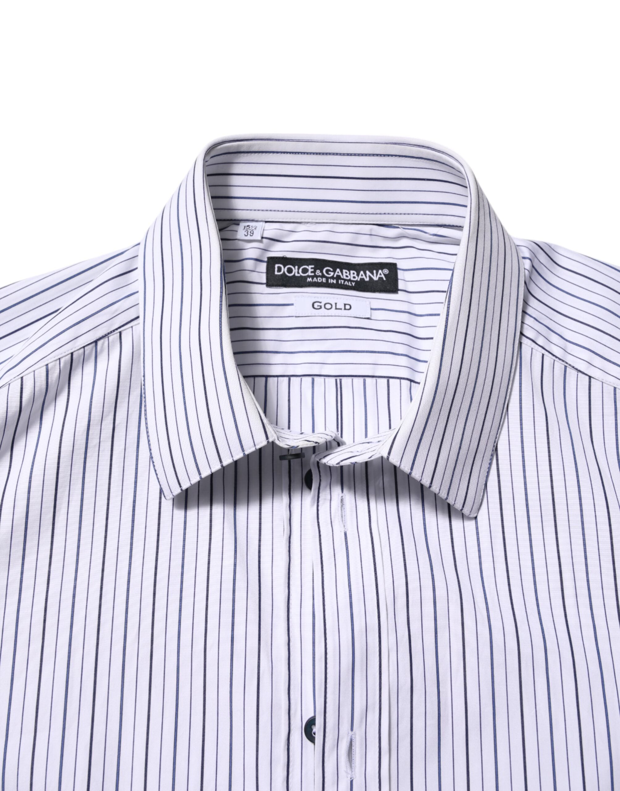 Chemise formelle Dolce & Gabbana en coton blanc et bleu à rayures avec détails dorés, mode élégante et sophistiquée.