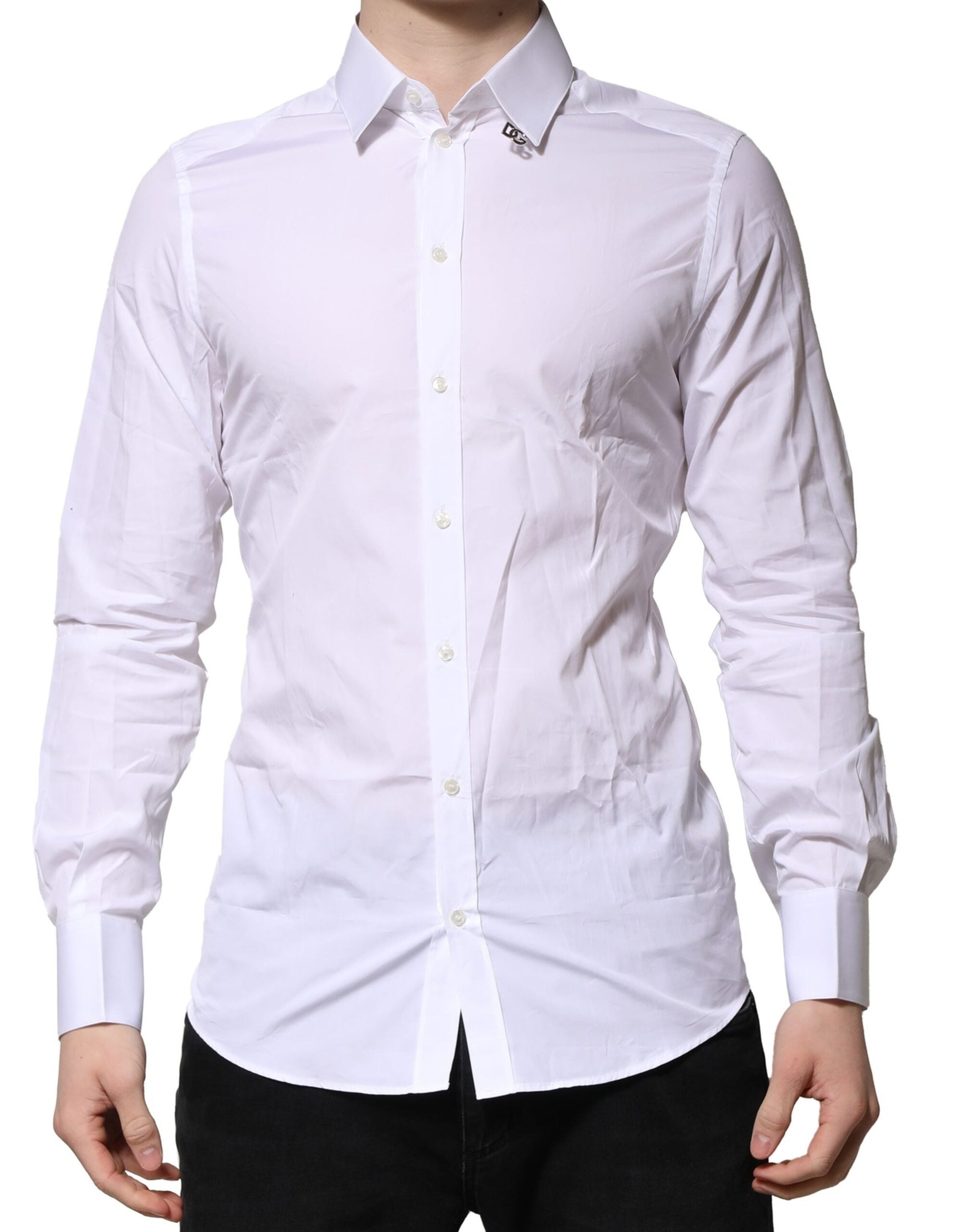 Chemise blanche en coton Dolce & Gabbana à manches longues, élégante et formelle, avec détails en or doré.