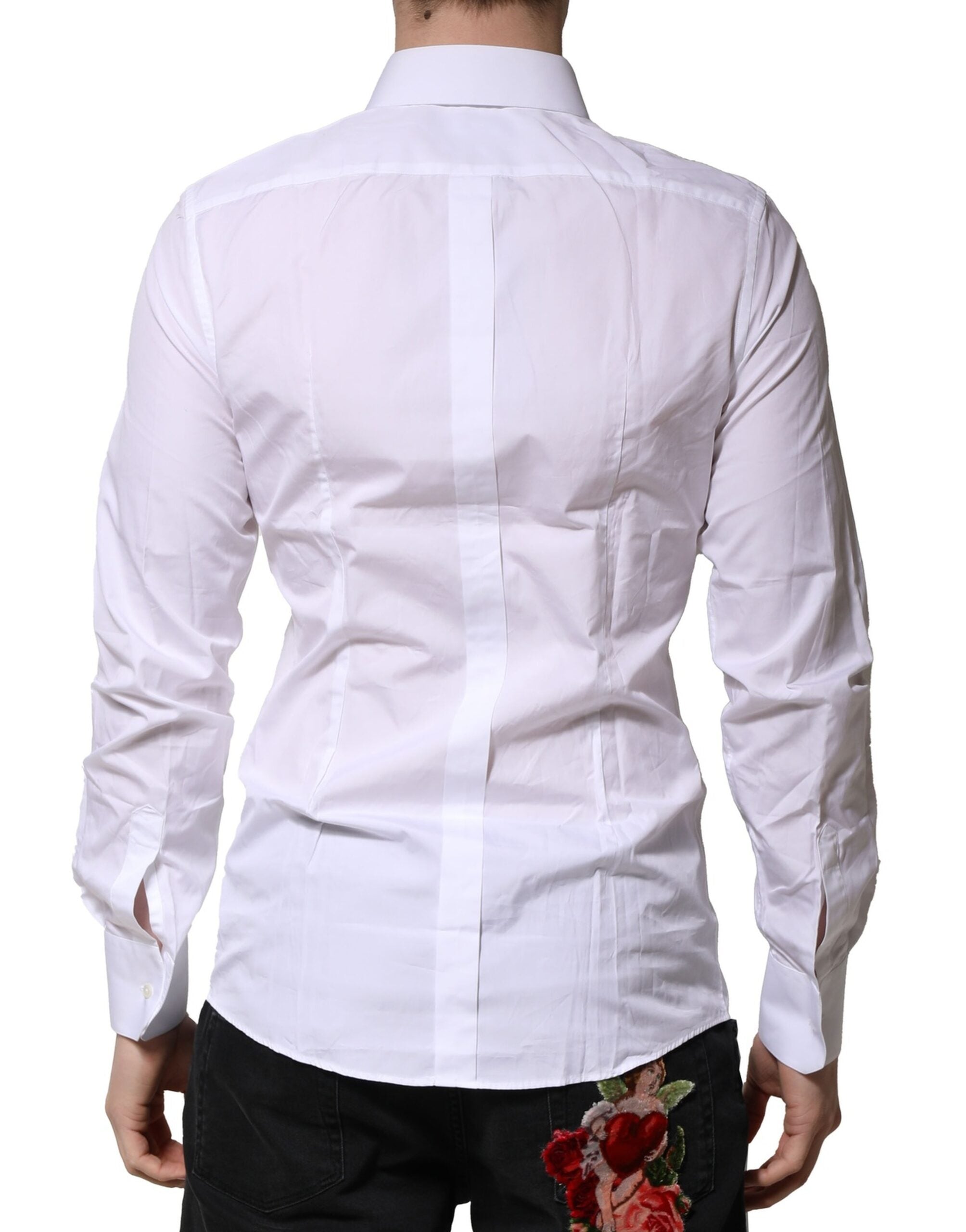 Chemise blanche en coton Dolce & Gabbana à manches longues, style formel avec détails dorés.