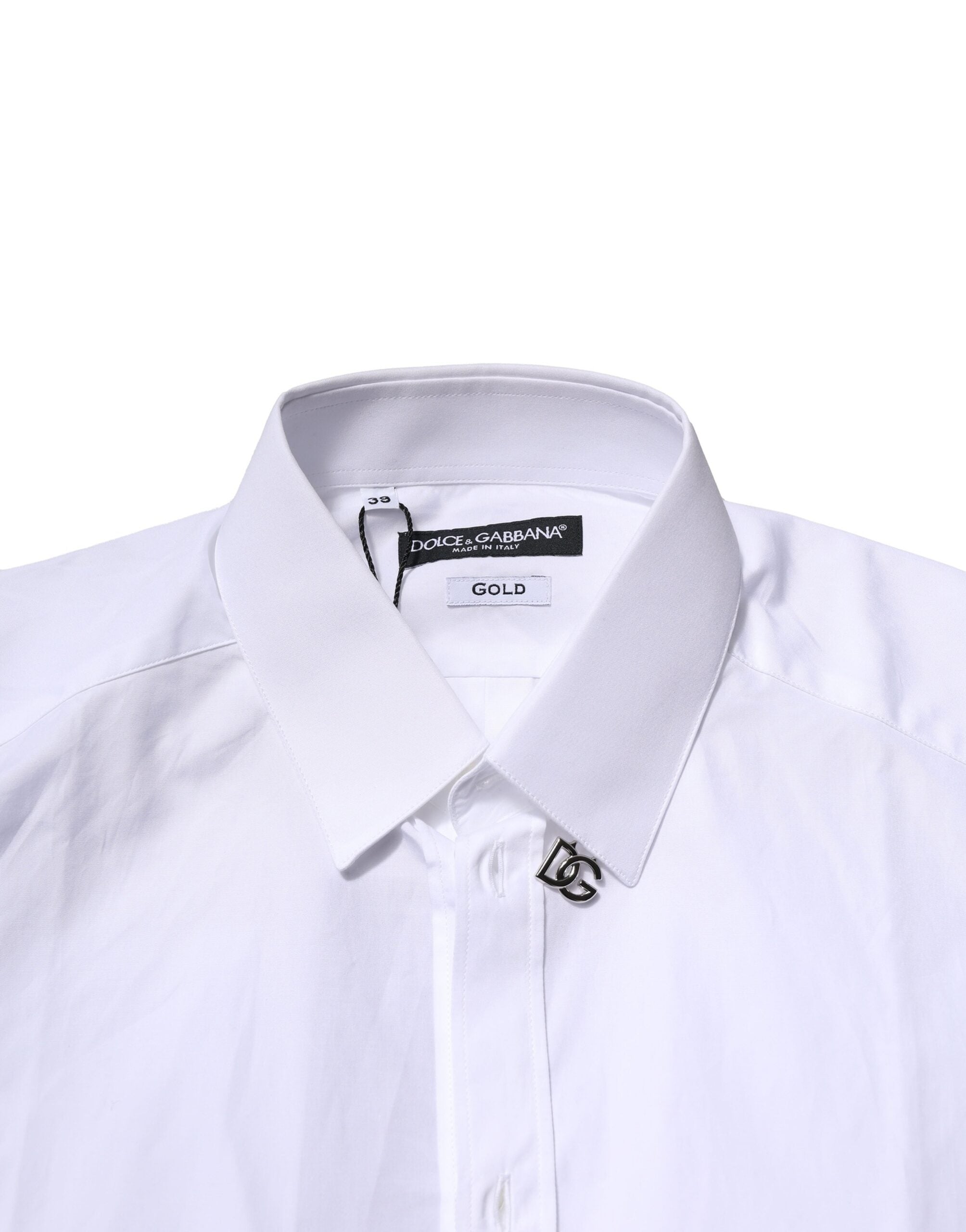 Chemise blanche en coton à manches longues Dolce & Gabbana, élégante chemise formelle avec détails dorés.