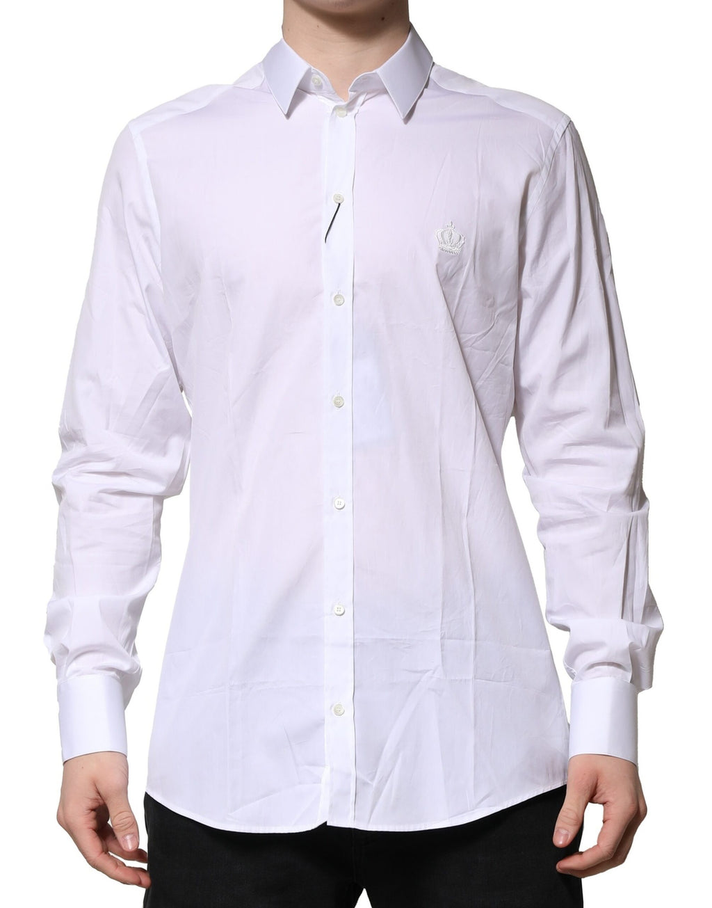 Chemise formelle blanche en coton Dolce & Gabbana à manches longues avec détails dorés, élégante et sophistiquée.