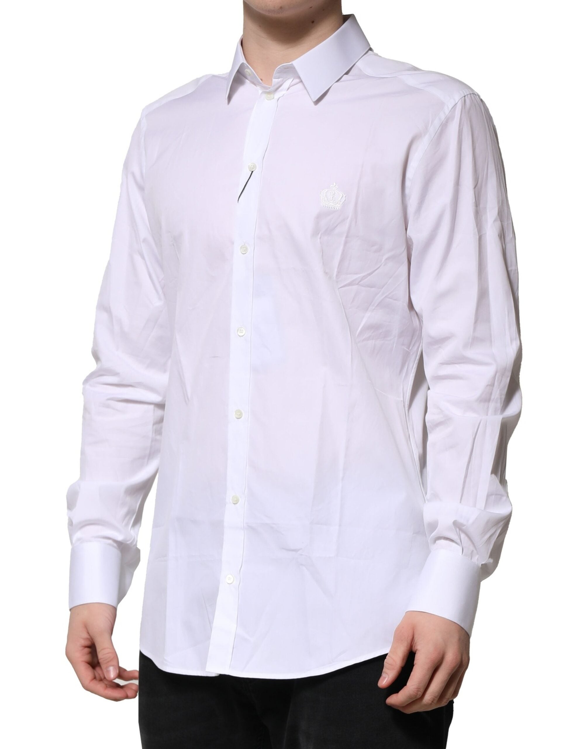 Chemise formelle en coton blanc Dolce & Gabbana avec manches longues et détails en or, vue de face sur fond blanc.