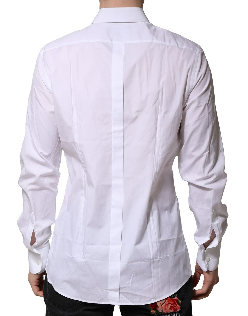 Chemise formelle blanche en coton Dolce & Gabbana avec manches longues et détails en or, élégante pour occasions spéciales.