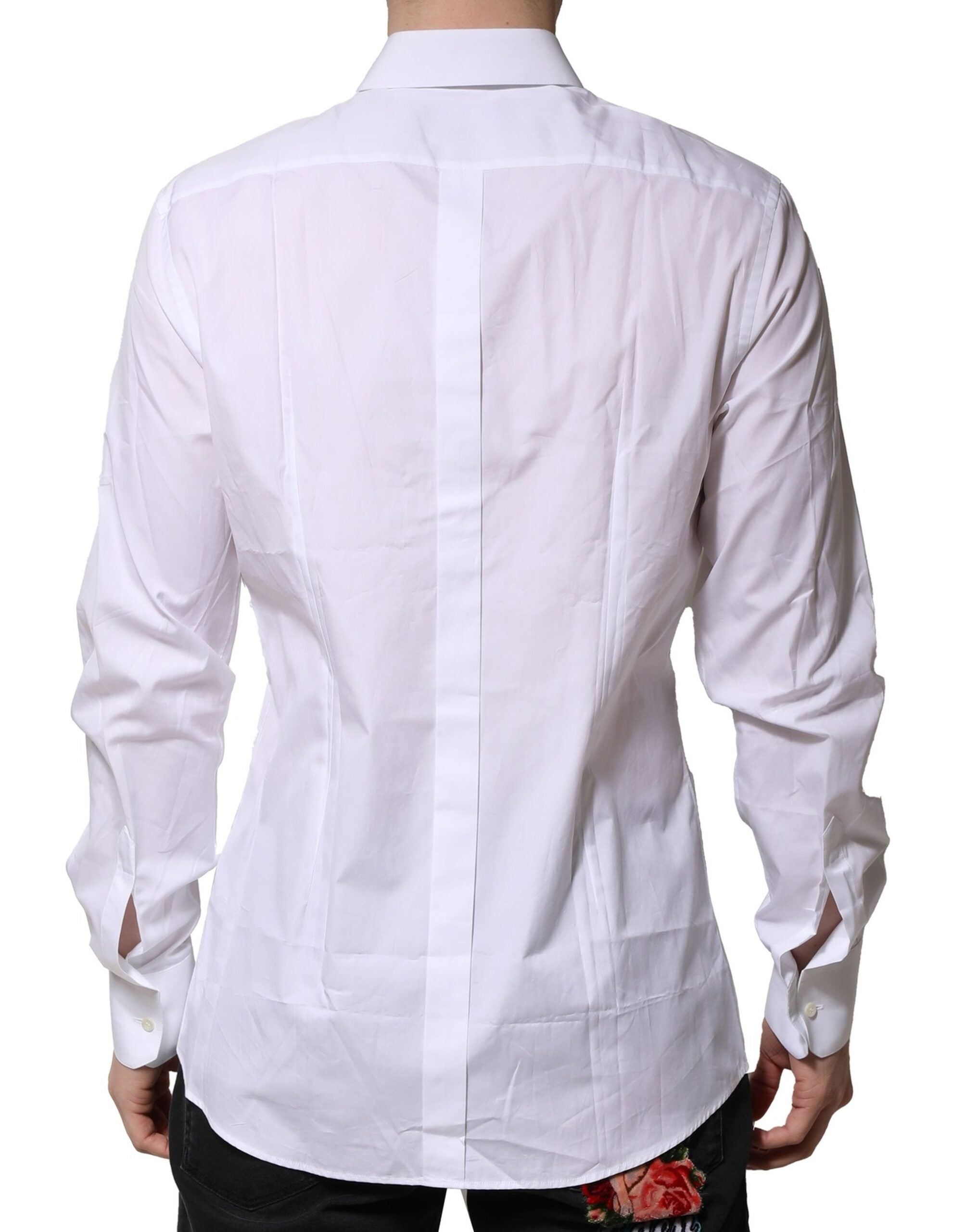 Chemise formelle blanche en coton Dolce & Gabbana avec manches longues et détails en or, élégante pour occasions spéciales.